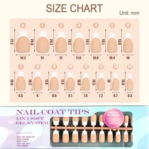 Detailed size chart for French nude press-on nails with lengths and widths in mm