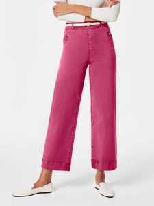 Women High Waist Wide Leg Straight Denim Cotton Polyester Cropped Trousers With Belt Button Decor Casual Fashion