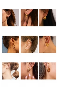 Collage showing various 14K gold plated earrings including floral and zircon C-shape designs