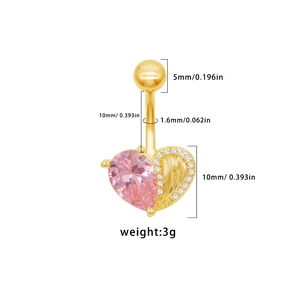 Detailed view of pink zircon heart wing belly ring with exact size measurements