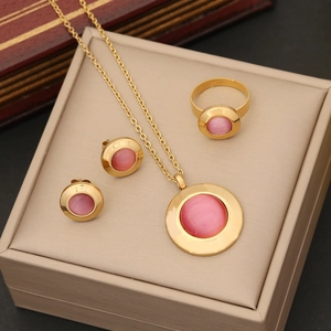 Pink Cat Eye Stone Necklace Earrings Ring Bracelet Stainless Steel Gold Plated Vintage Elegant Jewelry For Women