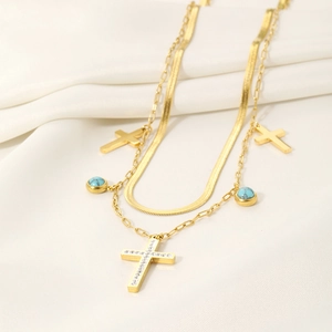 Double Layered Necklace Stainless Steel 18K Gold Plated With Turquoise Beads And Rhinestone Cross Pendants For Women