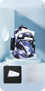 Detail of blue camo backpack showing multi-layer storage and anti-theft back pocket