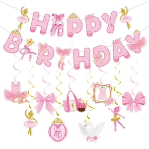Ballet Theme Birthday Party Decoration Set Pink Gold Glitter Cardboard Banner Hanging Swirls Cake Toppers Girls Celebration