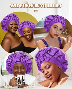 Multiple lifestyle scenes showing women wearing the wide band purple satin hair sleep bonnet