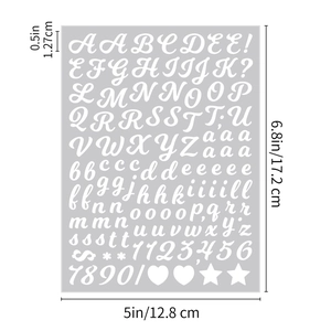 Detailed size chart showing 0.5 inch alphabet and number stencils for DIY scrapbooking
