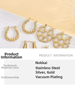 Detail of 18K gold-plated stainless steel hoop earrings with textured beaded and petal designs