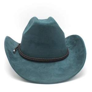 Close-up of dark teal suede cowboy hat featuring a braided brown leather decorative band