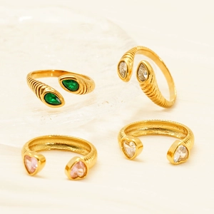 French vintage gold stainless steel open rings with colorful zircon heart stones