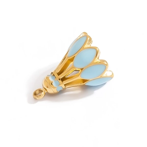 Golden shuttlecock pendant with blue enamel details and metal ring for DIY jewelry making