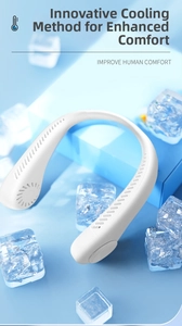 Close-up of portable neck fan air vents and U-shaped design with cooling ice cubes background