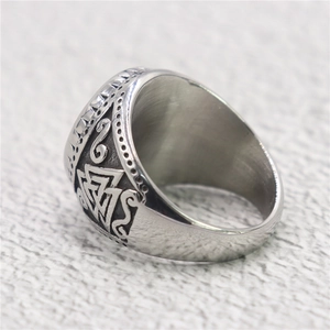 Viking Valknut ring in stainless steel with Nordic runes and vintage silver finish