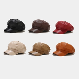 Octagonal PU leather newsboy caps for women available in six stylish autumn colors