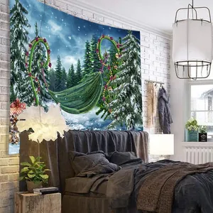 Tenture de Noël avec forêt enneigée et sapin pour décoration murale de chambre cosy