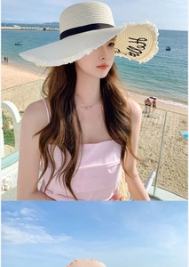 Close-up of hello embroidery on wide brim straw hat for beach holiday sun protection