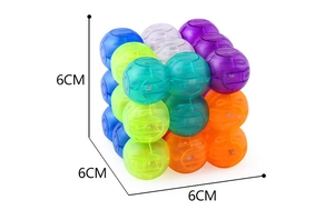 Detailed view showing a 6cm 3D magnetic building cube with translucent colorful spheres