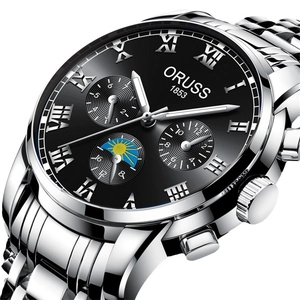 Men's silver stainless steel business quartz watch with black dial and moon phase display