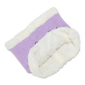 Detailed view of kids purple knitted neck warmer with thick white faux fur lining and embroidery