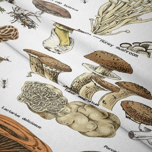 Macro shot of boho mushroom tapestry fabric showing vintage botanical prints and texture