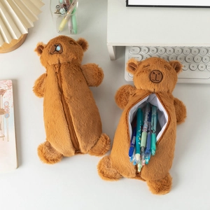 Detailed view of Capybara plush pencil case showing zipper opening and large capacity interior