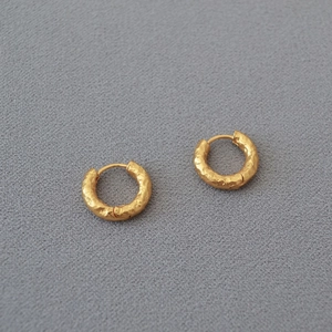 French vintage hammered gold-plated brass hoop earrings with elegant textured finish
