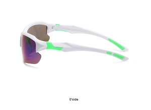 Side view of white cycling sunglasses with neon green non-slip grip and purple mirror lens