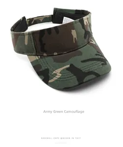 Detail view of military green camo sun visor hat featuring adjustable strap and inner labels