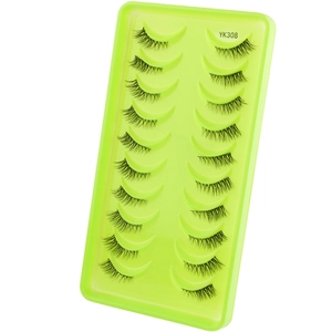 Detail view of 10 pairs of natural dense false eyelashes in a neon green tray, model YK308