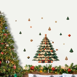 Stylized Christmas tree wall sticker with plaid patterns for festive living room decor
