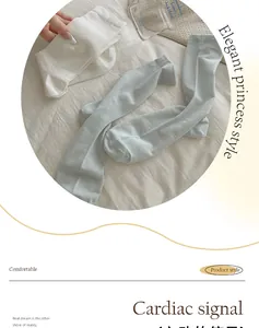 Detail view of thin silk blend mid-calf socks in light blue and white ballet style