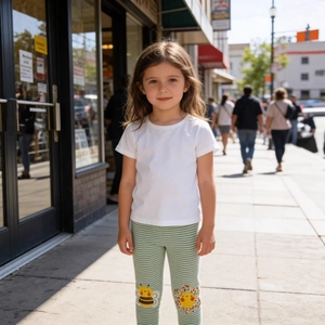 Girls' summer set featuring white T-shirt and green striped leggings with bee embroidery