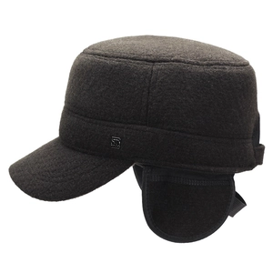 Men's winter flat top cap in dark brown wool with ear flaps and metal SD logo detail