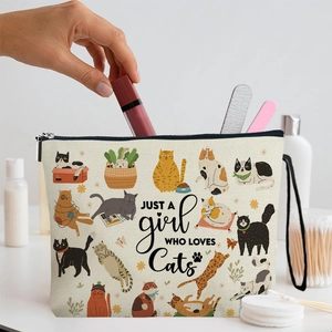 Portable canvas makeup bag with cute cat prints and Just A Girl Who Loves Cats text