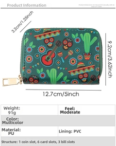 Detailed dimension chart showing 12.7cm length and PU leather specs for skull wallet