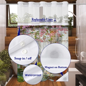 Detail of waterproof bath curtain with snap-in liner and magnetic bottom weights
