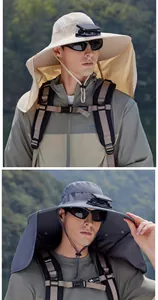 Detail eines Outdoor-Sonnenhuts mit Solarventilator und Nackenschutz für Angler