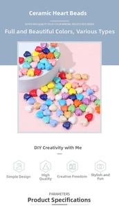 Macro detail of colorful heart-shaped ceramic beads for DIY jewelry with matte and glossy finish