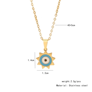 Detailed view of evil eye sunburst pendant in stainless steel with 40+5cm chain specs