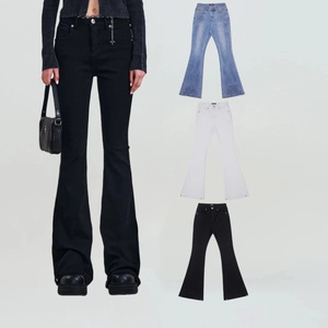 Jean Évasé Femme Denim Coton Taille Haute Coupe Ajustée Pantalon Micro Évasé Mode Streetwear Détail Broderie Noir Blanc Bleu