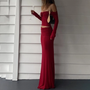Women Mesh Off Shoulder Long Sleeve Ruched Top And Maxi Skirt Sexy Sheer Slim Fit Clubwear