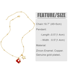 Detail of star and red enamel cup pendant necklace with measurements and material specifications