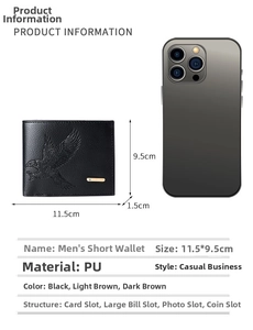 Detailed size comparison of black slim men's wallet with eagle pattern and dimensions