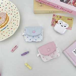 Star pattern fabric case for wireless earbuds with heart button and lanyard hole