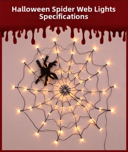 Detail of warm yellow LED spider web lights with a black plush spider prop for Halloween