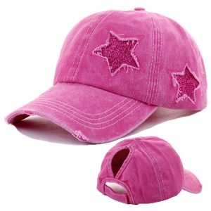 Women Washed Cotton Ponytail Baseball Cap Distressed Vintage High Bun Sequined Star Adjustable Street Style Hat