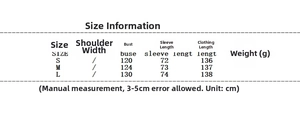 Size guide with bust and length measurements for women scarf design wool coat