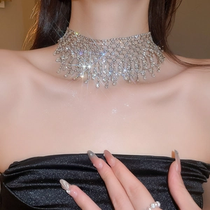 Macro shot of silver tassel choker necklace with sparkling rhinestones on model neck