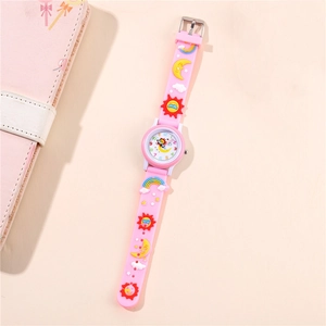 Pink quartz watch for kids with silicone strap featuring 3D sun and moon designs