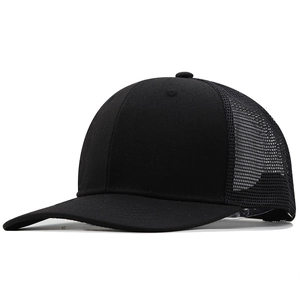 Detailed side view of black breathable mesh trucker hat with 6-panel cotton twill structure