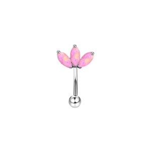Detail of silver stainless steel eyebrow ring with pink synthetic opal clover top